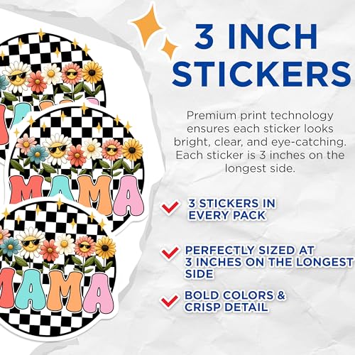 (3 Pack) Mama Flower Decals - Retro Mama Sticker - Checkered Mama Laptop Decals - 3 Inches On Longest Side - Easy Peel & Apply - Made in USA - 3MCS6948