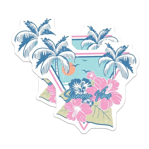 (2 Pack) Summer Vibes Stickers - Tropical Beach Stickers - Hibiscus Flower Stickers - 5" On Longest Side - Sticks to Smooth Flat Surfaces - Made in USA - BMCS6419