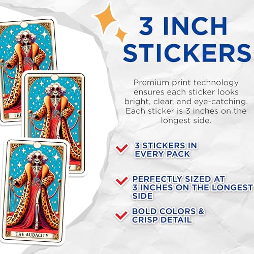 (3 Pack) Audacity Skeleton Decals - Tarot Card Decals - Leopard Coat - 3 Inches On Longest Side - Easy Peel & Apply - Made in USA - 3MCS4004