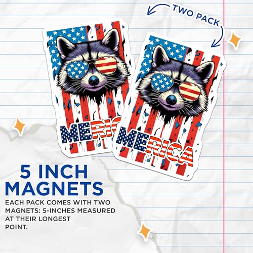 (2 Pack) Patriotic Raccoon Magnets - American Flag - Independence Day Decor - Fun and Unique Refrigerator Magnets - 5" On Longest Side - for Cars, Fridges, Toolboxes - Made in USA - MAG6957
