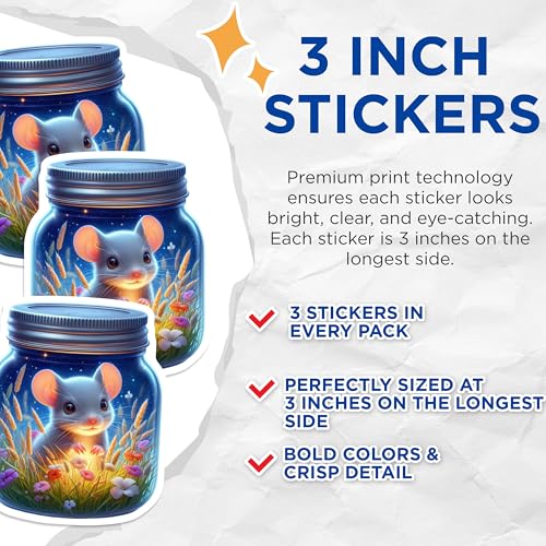 (3 Pack) Mouse in a Jar Decals - Laptop Decal - Floral Decals - 3 Inches On Longest Side - Easy Peel & Apply - Made in USA - 3MCS8132