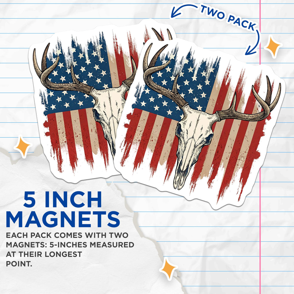 (2 Pack) Deer Skull Magnets - American Flag Rustic - Hunting Decor Magnet Set - 5" On Longest Side - Premium Magnet - for Cars, Refrigerators, Toolboxes, Lockers - Made in USA - MAG16593