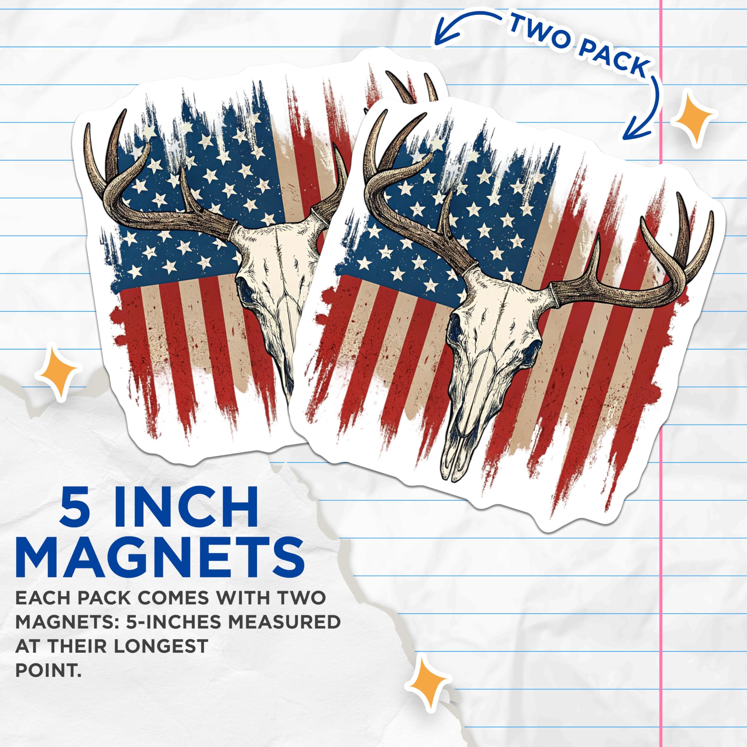 (2 Pack) Deer Skull Magnets - American Flag Rustic - Hunting Decor Magnet Set - 5" On Longest Side - Premium Magnet - for Cars, Refrigerators, Toolboxes, Lockers - Made in USA - MAG16593