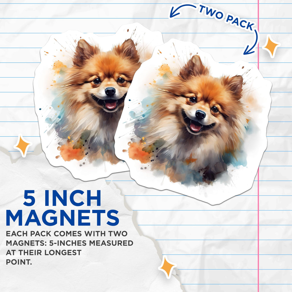 (2 Pack) Pomeranian Dog Magnets - Watercolor Pet Art - Dog Mom Owner Appreciation - 5 Inches On Longest Side - Thick Durable Magnet - Made in USA - MAG29421