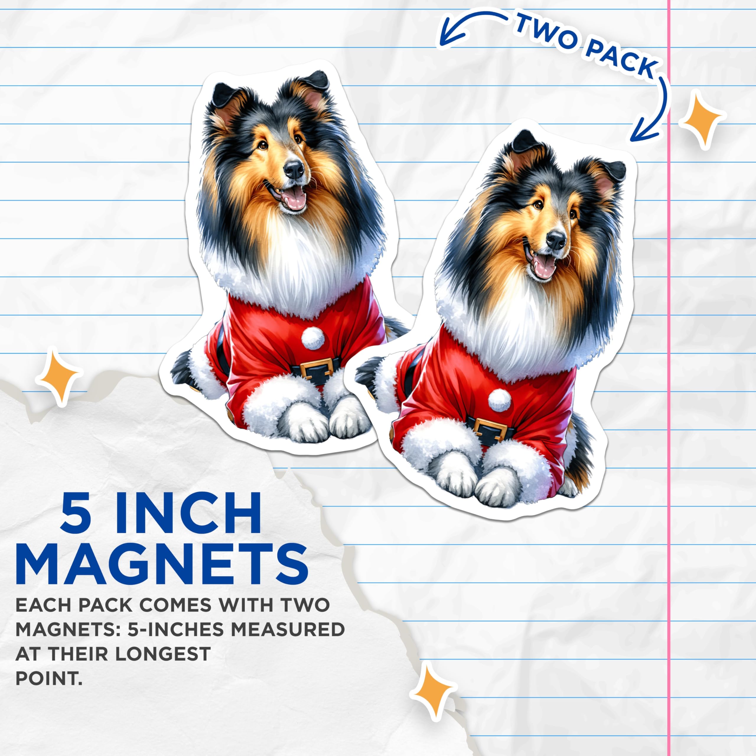 (2 Pack) Rough Collie Santa Dog Magnets - Festive Pet Lover Refrigerator Decor - Christmas Stocking Stuffers for Dog Owners - 5 Inches On Longest Side - Thick Durable Magnet - Made in USA - MAG27611