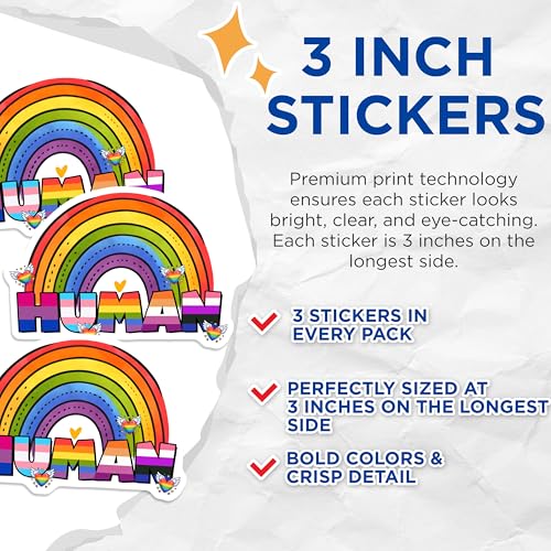 (3 Pack) LGBTQ Human Pride Decals - Rainbow Flag Stickers - Equality Decals - 3 Inches On Longest Side - Easy Peel & Apply - Made in USA - 3MCS7028
