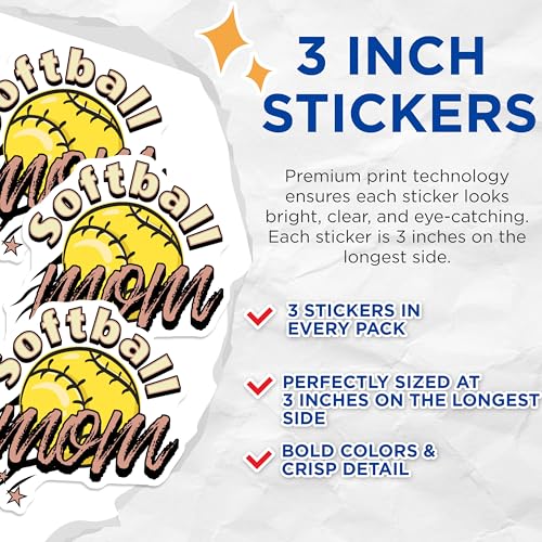 (3 Pack) Softball Mom Decals - Sports Mom - Game Day - 3 Inches On Longest Side - Easy Peel & Apply - Made in USA - 3MCS7984