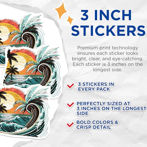 (3 Pack) Beach Wave Decals - Palm Tree Stickers - Summer Vacation Decor - 3 Inches On Longest Side - Easy Peel & Apply - Made in USA - 3MCS8027