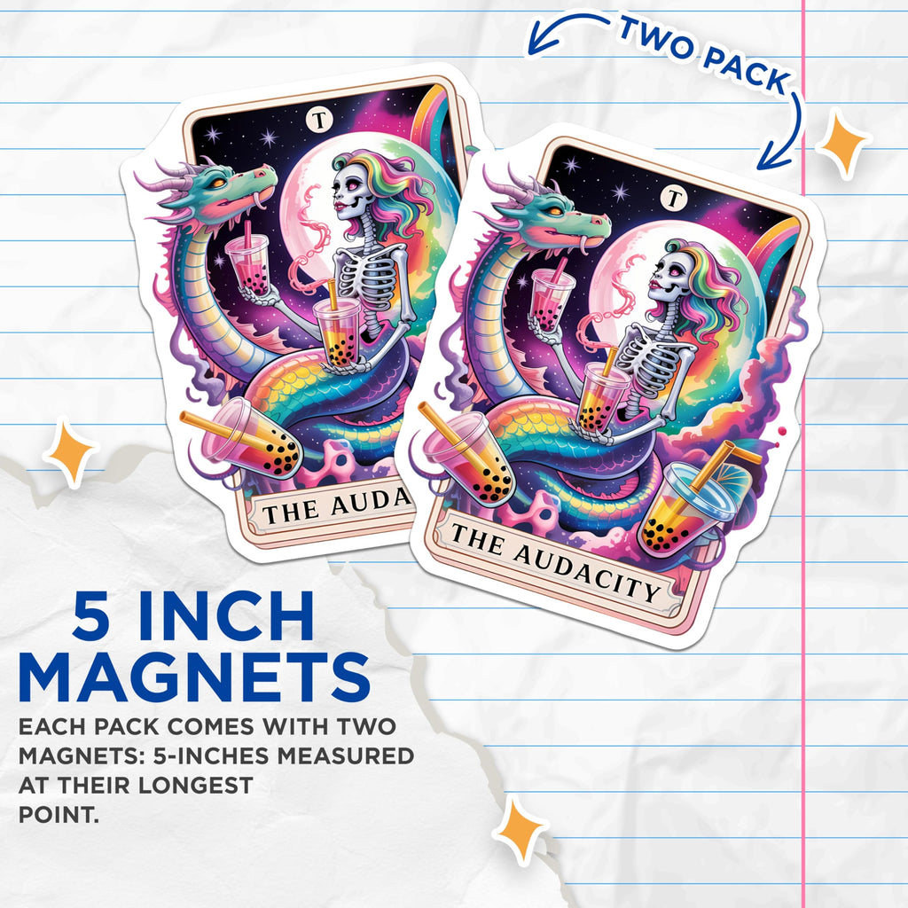 (2 Pack) The Audacity Magnets - Skeleton Dragon Boba Tea Tarot Card - Rainbow Gothic Fantasy Fridge Decor - 5 Inches On Longest Side - Thick Durable Magnet - Made in USA - MAG20170