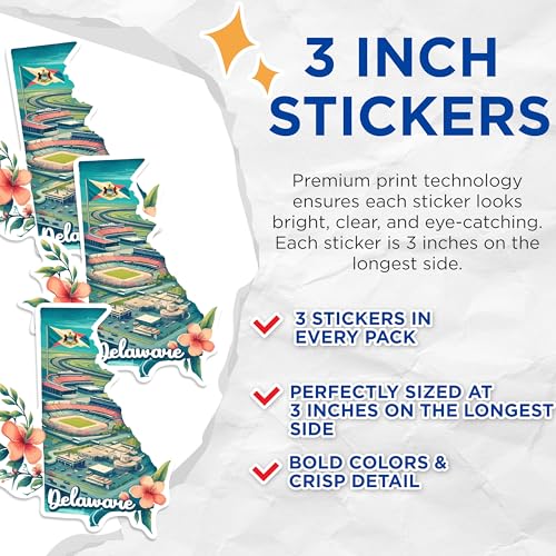 (3 Pack) Delaware Decals - State Pride - Floral Delaware Decals - 3 Inches On Longest Side - Easy Peel & Apply - Made in USA - 3MCS0131
