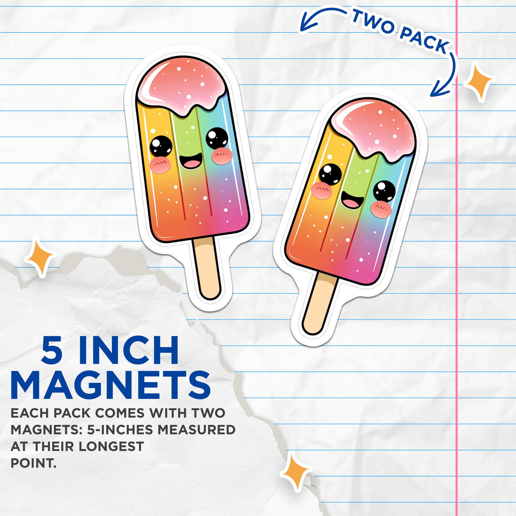 (2 Pack) Kawaii Popsicle Magnets - Cute Ice Pop Refrigerator Decor - Rainbow Summer Sweet Treat for Fridge or Locker - 5 Inches On Longest Side - Thick Durable Magnet - Made in USA - MAG36588