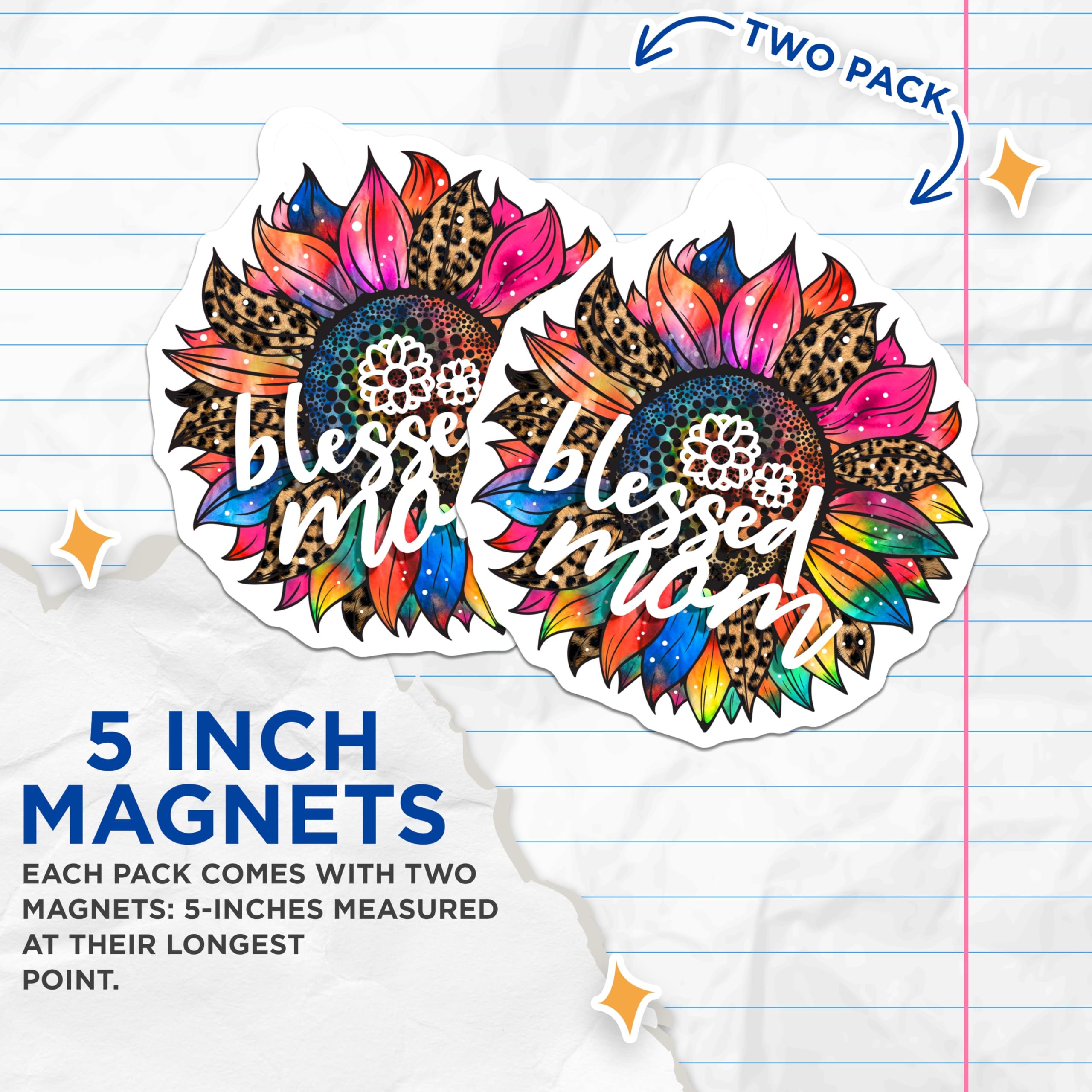 (2 Pack) Blessed Mom Magnets - Sunflower Leopard - Mother's Day Fridge Decor - 5" On Longest Side - Premium Magnet - for Cars, Refrigerators, Toolboxes, Lockers - Made in USA - MAG18723