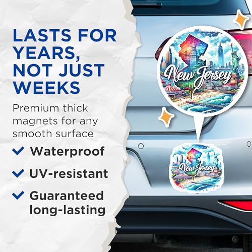 (2 Pack) New Jersey Magnets - State Souvenir - Colorful Cityscape - Travel Memorabilia- 5" On Longest Side - for Cars, Fridges, Toolboxes - Made in USA - MAG6707