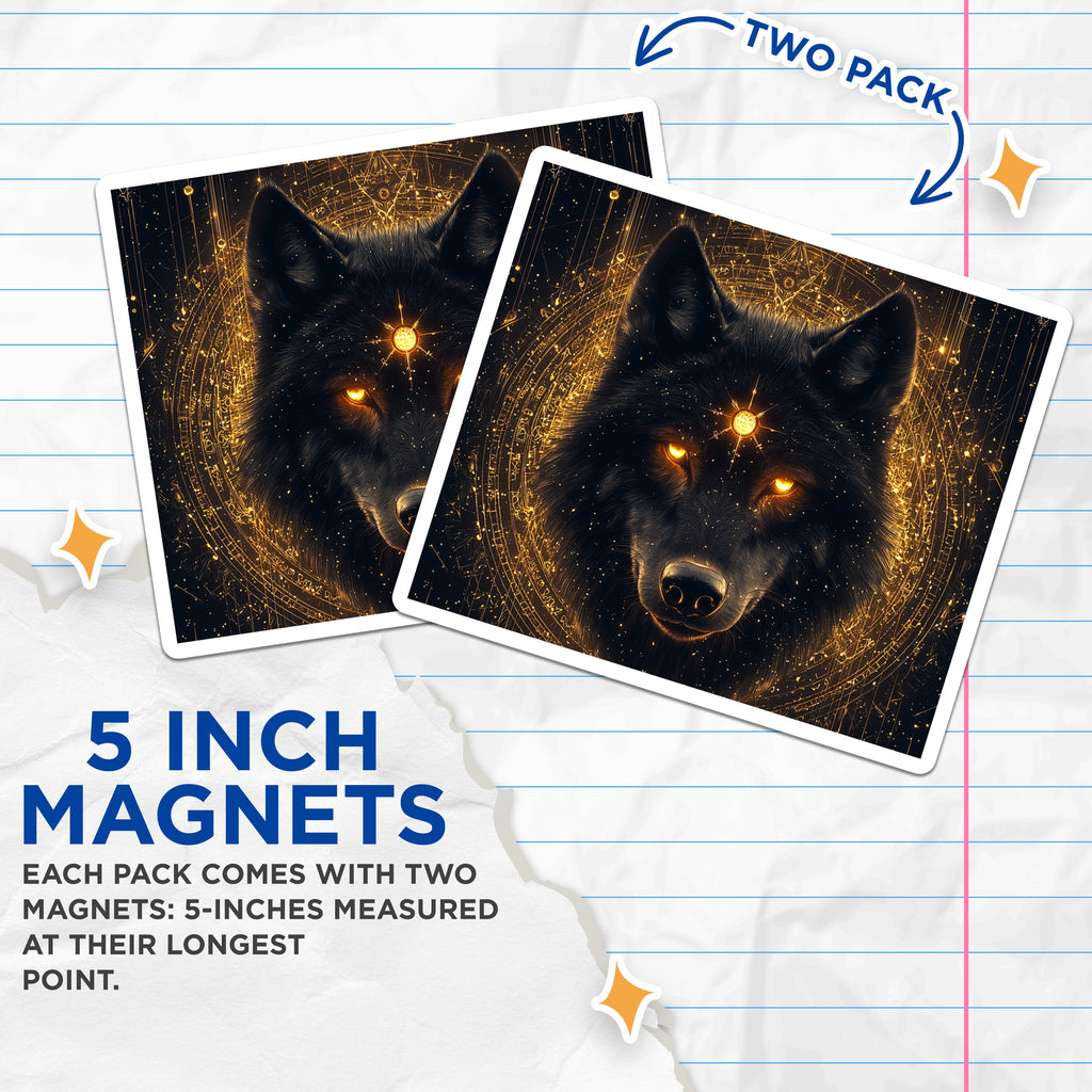 (2 Pack) Black Wolf Magnets - Mystical Spirit Animal - Gold Astrology Decor - Dark Fantasy Art Cosmic Witchy - 5 Inches On Longest Side - Thick Durable Magnet - Made in USA - MAG36076