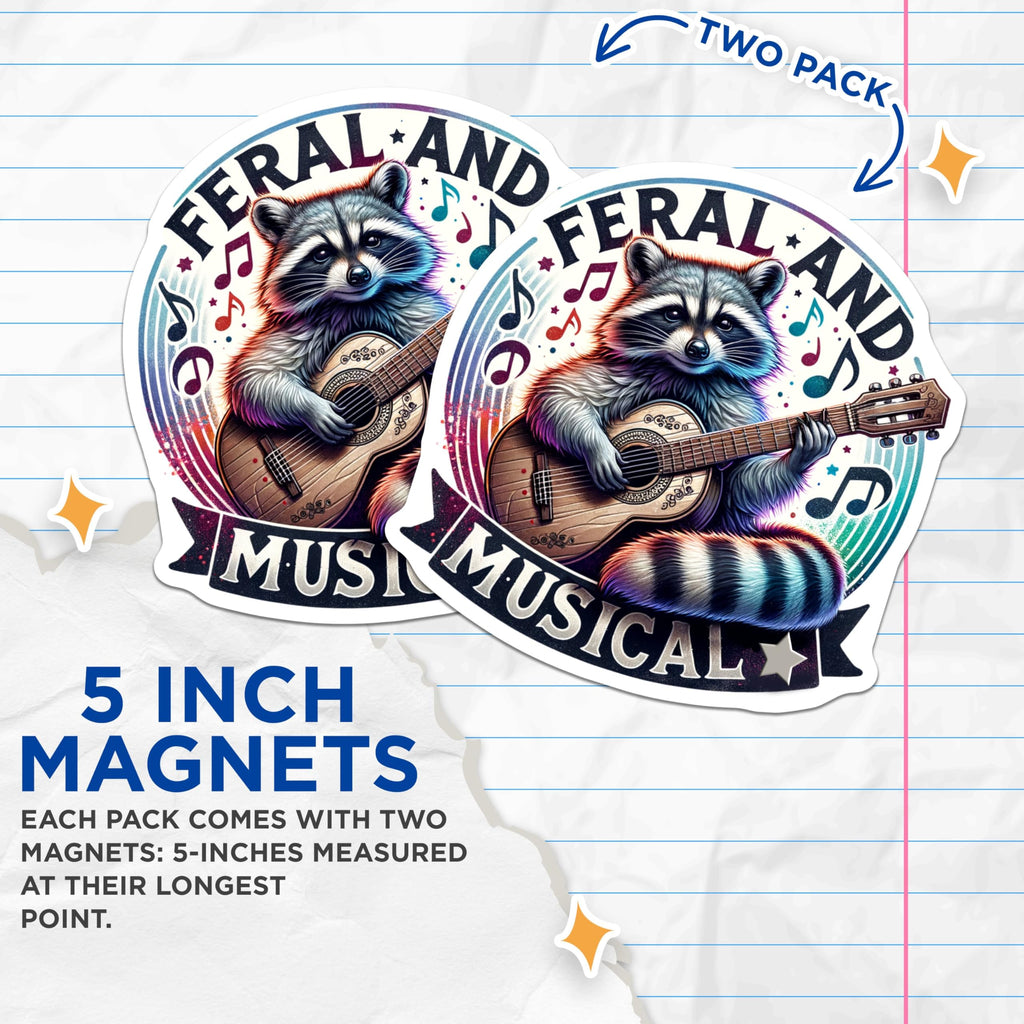(2 Pack) Feral and Musical Magnets - Raccoon Playing Guitar - Music Lover Raccoon Magnets - 5" On Longest Side - for Cars, Fridges, Toolboxes - Made in USA - MAG4542
