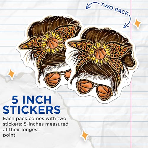 (2 Pack) Basketball Mom Stickers - Sports Mom Decal - Leopard Print Sticker for Moms - 5" On Longest Side - Sticks to Smooth Flat Surfaces - Made in USA - BMCS6196