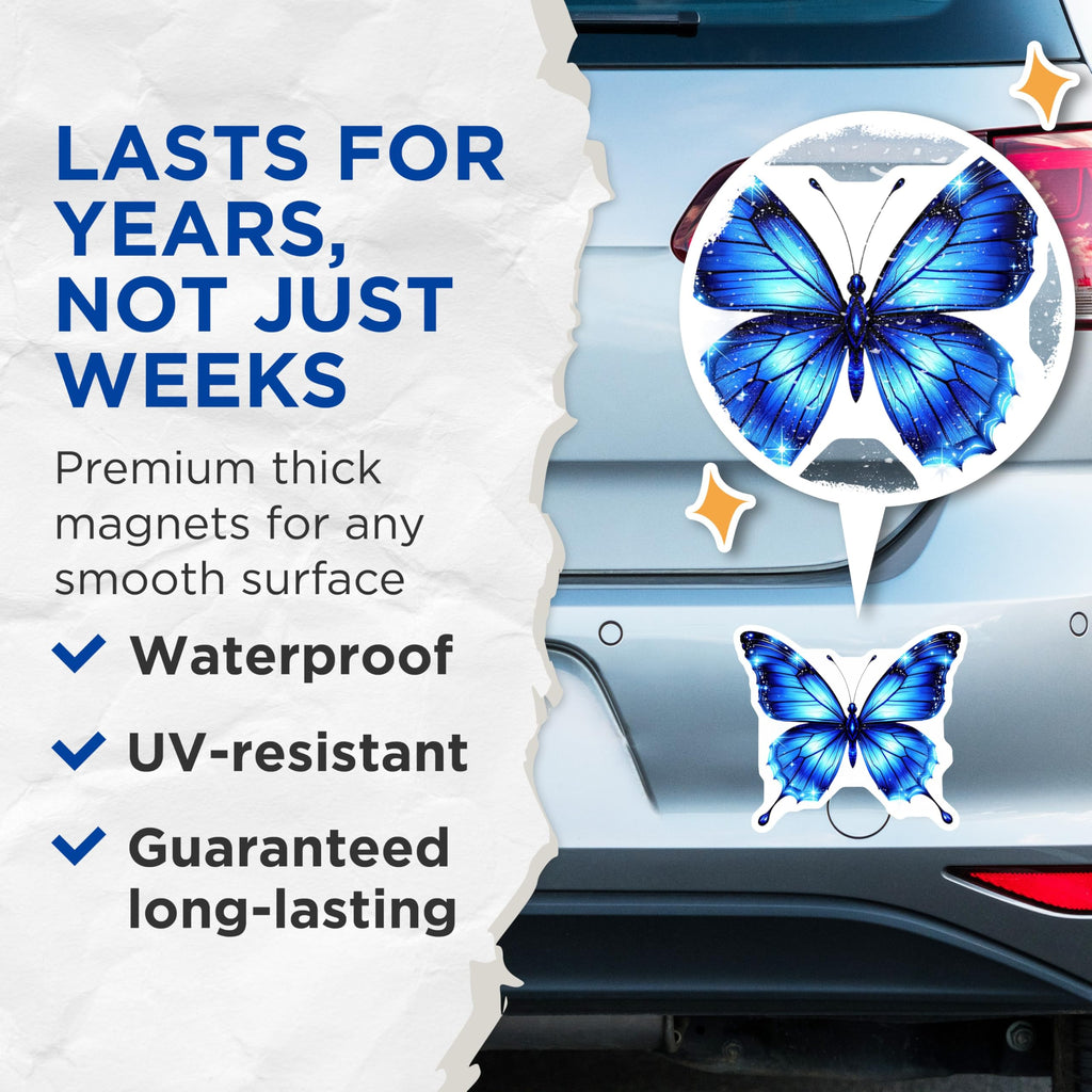 (2 Pack) Butterfly Magnets - Blue Butterfly Decor - Sparkly Butterfly Decoration - 5" On Longest Side - Premium Magnet - for Cars, Refrigerators, Toolboxes, Lockers - Made in USA - MAG14962