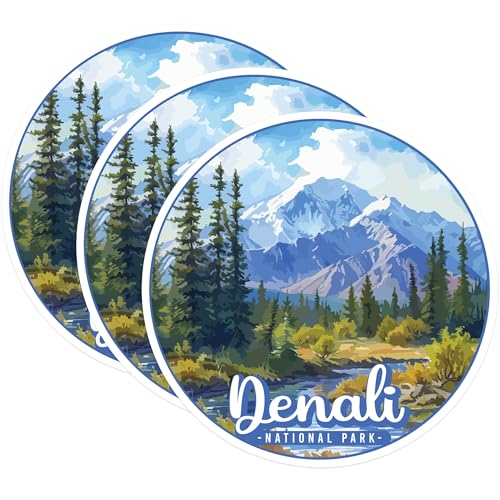 (3 Pack) Denali Decals - National Park Sticker - Alaska Laptop Decals - 3 Inches On Longest Side - Easy Peel & Apply - Made in USA - 3MCS0510