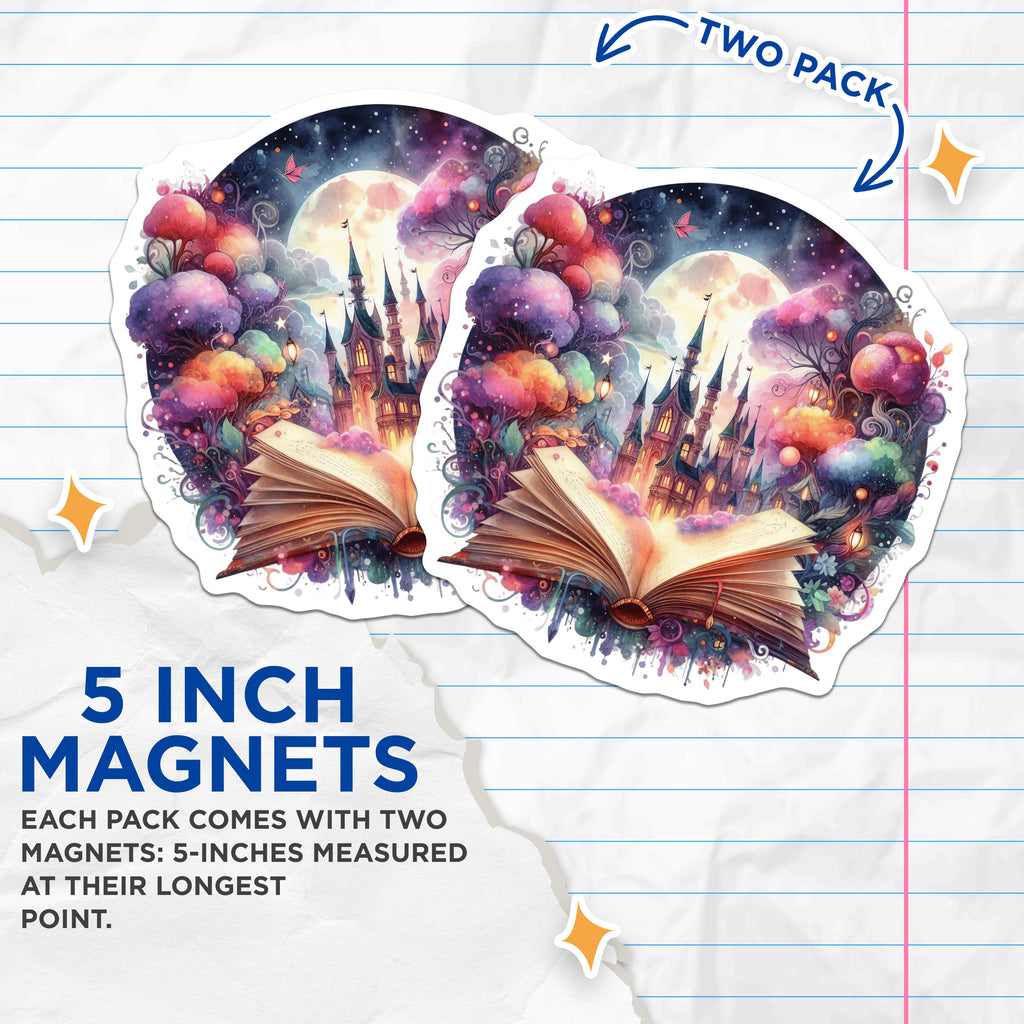 (2 Pack) Fantasy Castle Book Magnets - Magical Storybook Reader Decor - Dreamy Fairytale Art - 5 Inches On Longest Side - Thick Durable Magnet - Made in USA - MAG38574
