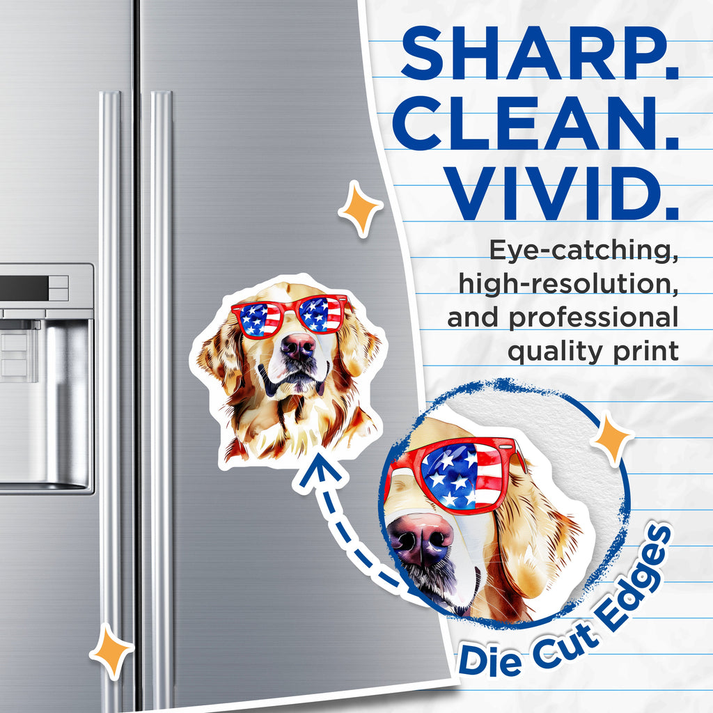 (2 Pack) Golden Retriever Magnets - Patriotic Dog - American Flag Shades - USA Dog Art - Summer Fridge Decor - 5 Inches On Longest Side - Thick Durable Magnet - Made in USA - MAG38424