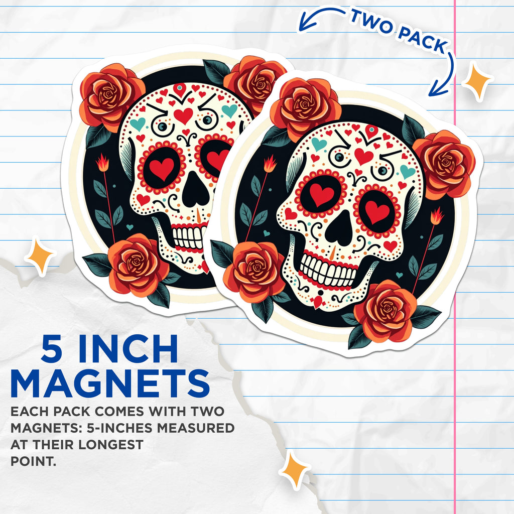 (2 Pack) Sugar Skull Magnets - Dia de Los Muertos Decor - Calavera Art Refrigerator Accent - 5 Inches On Longest Side - Thick Durable Magnet - Made in USA - MAG36288