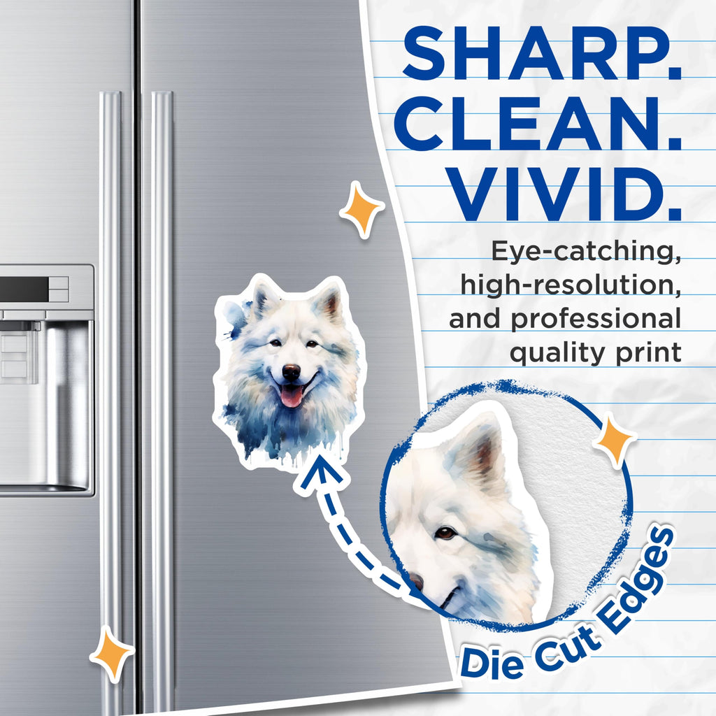 (2 Pack) Samoyed Dog Magnets - Watercolor Animal Portrait - Happy Smiling White Fluffy Pet Fridge Locker Accessory - 5 Inches On Longest Side - Thick Durable Magnet - Made in USA - MAG23866