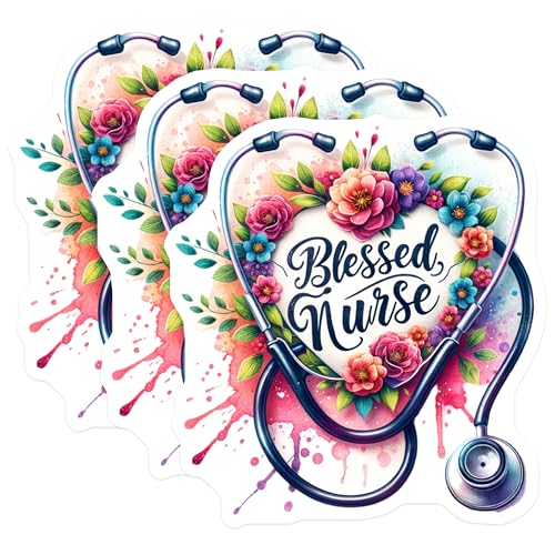 (3 Pack) Blessed Nurse Decals - Floral Stethoscope - Medical Profession Decor- 3 Inches On Longest Side - Easy Peel & Apply - Made in USA - 3MCS5738