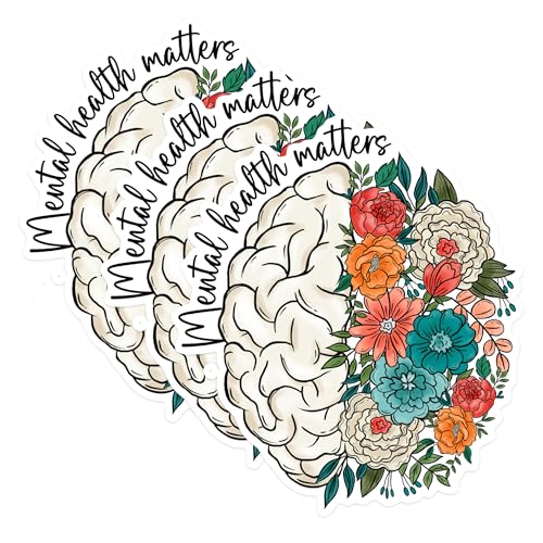 (3 Pack) Mental Health Matters Decals - Floral Brain Decal - Laptop Decal - 3 Inches On Longest Side - Easy Peel & Apply - Made in USA - 3MCS1788