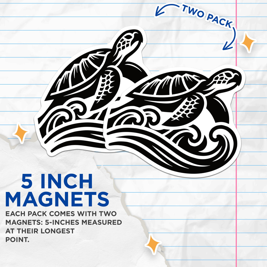 (2 Pack) Polynesian Sea Turtle Magnets - Ocean Waves Tribal Art Decor - Coastal Fridge Accent - Island Style Collectible - 5 Inches On Longest Side - Thick Durable Magnet - Made in USA - MAG38064