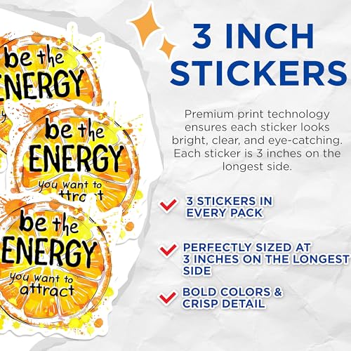 (3 Pack) Energy Quote Decals - Motivational Decal - Orange Slice Laptop Decal - 3 Inches On Longest Side - Easy Peel & Apply - Made in USA - 3MCS0585