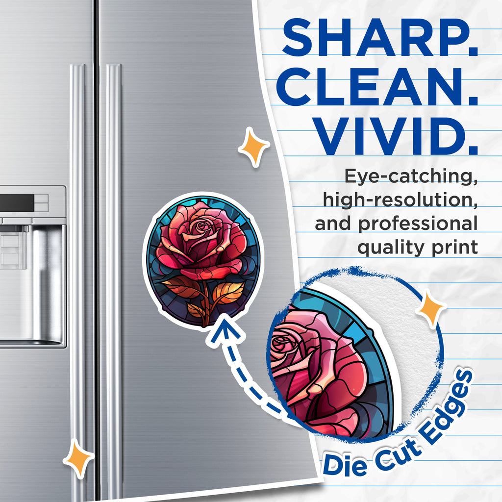 (2 Pack) Stained Glass Rose Magnets - Vibrant Floral Fridge Decor - Art Nouveau Botanical Locker Accessories - 5 Inches On Longest Side - Thick Durable Magnet - Made in USA - MAG38208