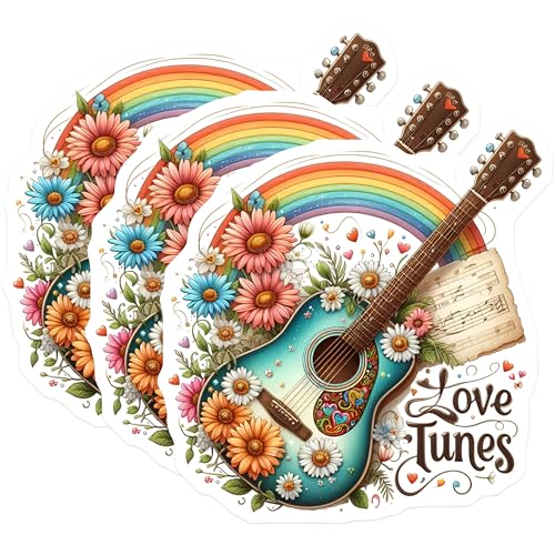 (3 Pack) Guitar Rainbow Decals - Musical Instrument Stickers - Love Tunes Decor - 3 Inches On Longest Side - Easy Peel & Apply - Made in USA - 3MCS7614