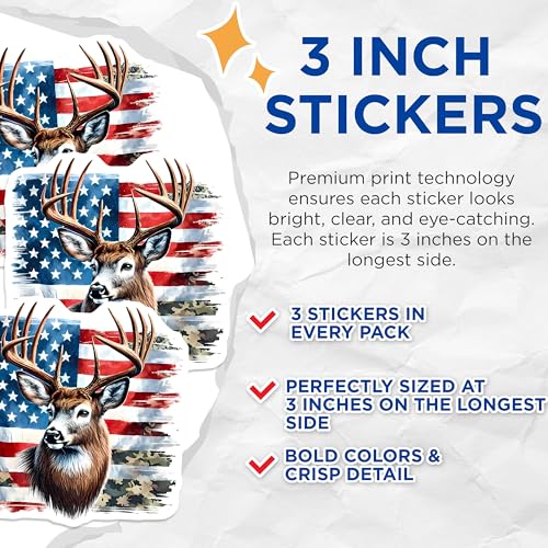 (3 Pack) American Deer Decals - USA Flag Decals - Laptop Decals - 3 Inches On Longest Side - Easy Peel & Apply - Made in USA - 3MCS8594