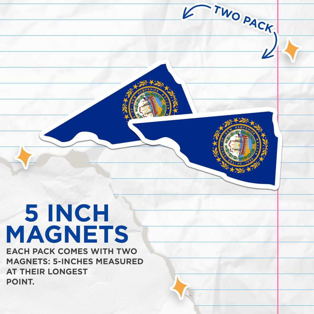 (2 Pack) New Hampshire State Flag Magnets - NH State Outline Map - US Patriotism Home Accent Souvenir - 5 Inches On Longest Side - Thick Durable Magnet - Made in USA - MAG20905