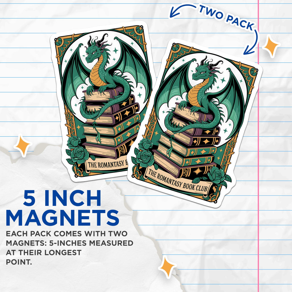 (2 Pack) Romantasy Book Club Magnets - Green Dragon Fantasy Reader - Bookish Literary Decor - Dark Academia FAE Gifts - 5 Inches On Longest Side - Thick Durable Magnet - Made in USA - MAG20246