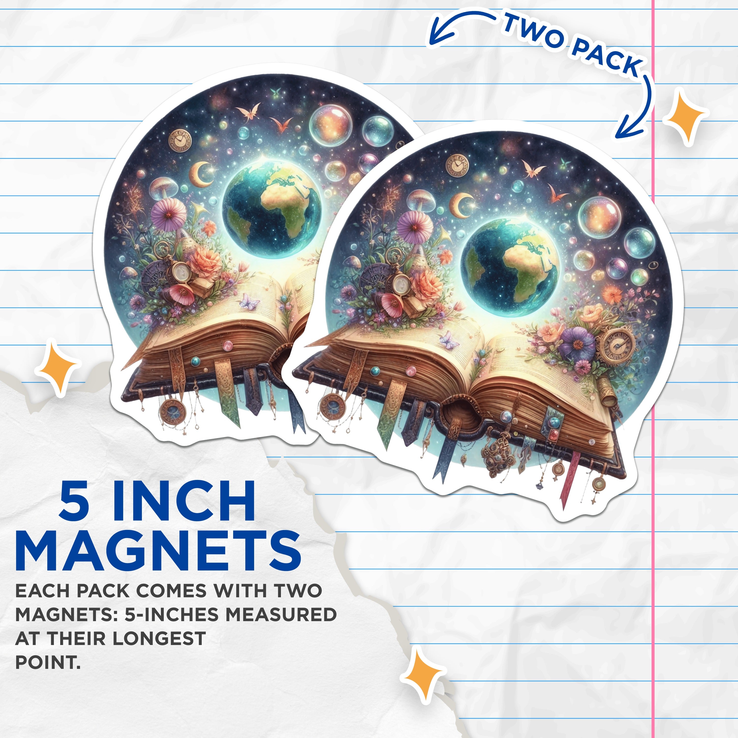 (2 Pack) Enchanted Book Earth Magnets - Fantasy Whimsical Decor - Book Lover Library Accent - 5 Inches On Longest Side - Thick Durable Magnet - Made in USA - MAG39199