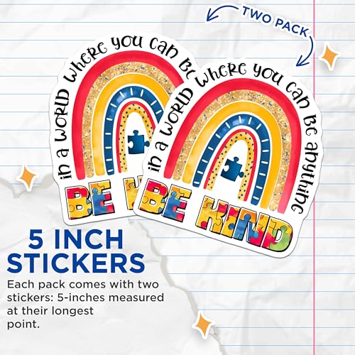 (2 Pack) Inspirational Rainbow Quote Stickers - Puzzle Piece - Be Kind - 5" On Longest Side - Sticks to Smooth Flat Surfaces - Made in USA - BMCS8420