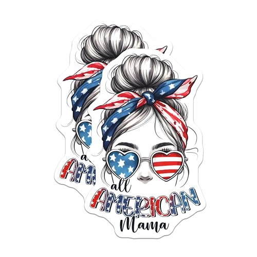 (2 Pack) All American Mama Stickers - Patriotic Decal - USA Pride for Moms - 5" On Longest Side - Sticks to Smooth Flat Surfaces - Made in USA - BMCS7441