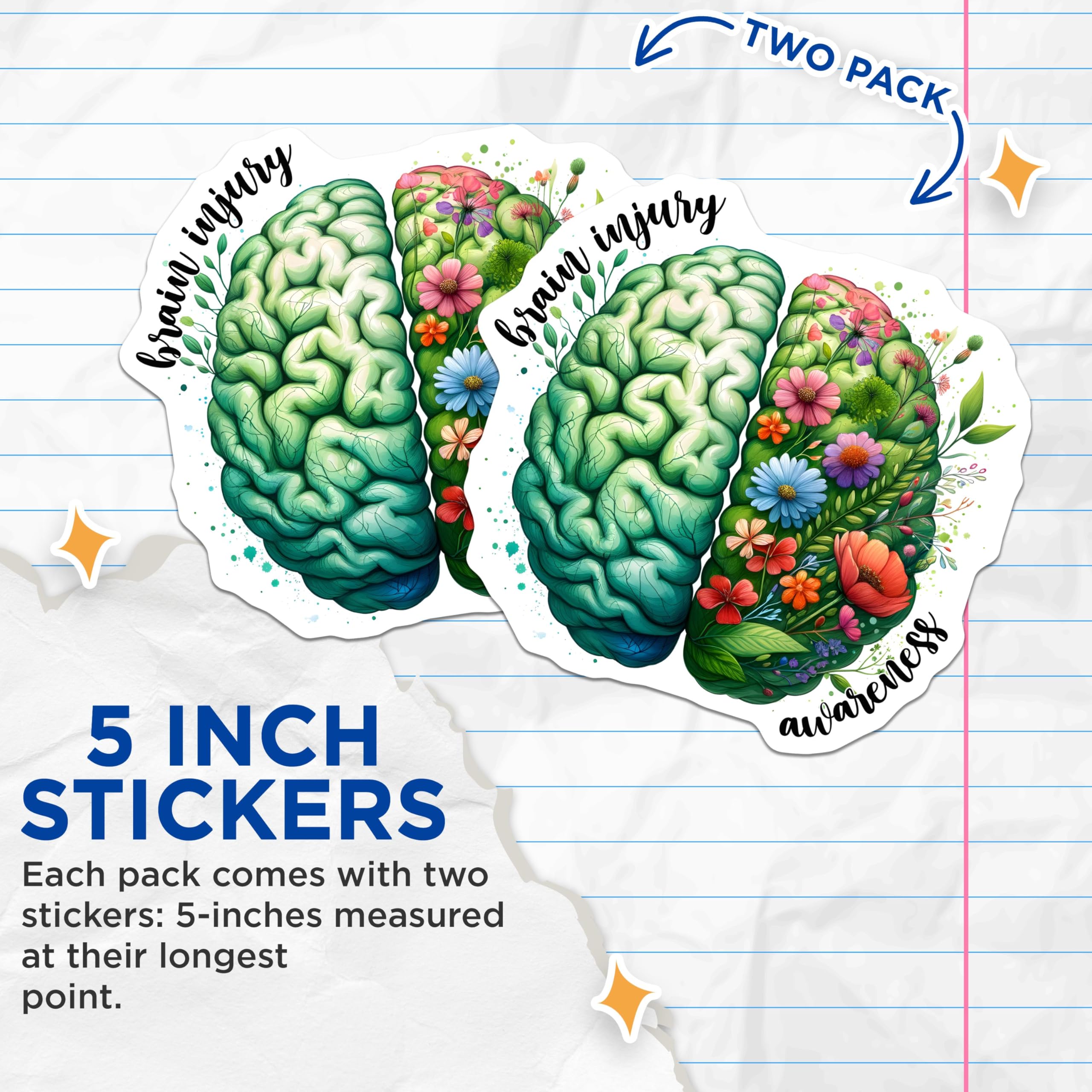 (2 Pack) Brain Injury Awareness Stickers - Mental Health Stickers - Floral Brain Stickers - 5" On Longest Side - Sticks to Any Smooth Flat Surface - Made in USA - BMCS3253