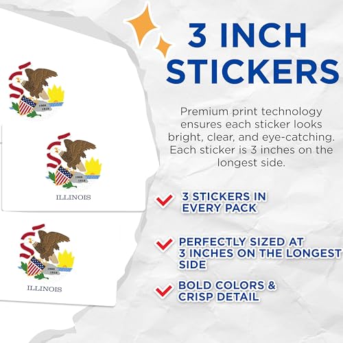 (3 Pack) Illinois State Flag Decals - Laptop Decal - State Pride Stickers - 3 Inches On Longest Side - Easy Peel & Apply - Made in USA - 3MCS0185