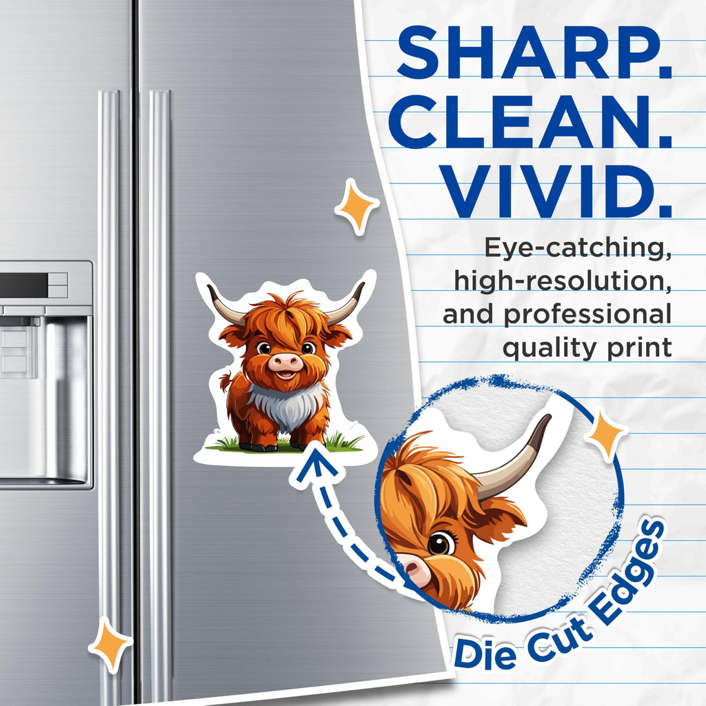 (2 Pack) Cute Highland Cow Magnets - Cartoon Highland Cow - 5 Inches On Longest Side - Premium Magnet - for Cars, Refrigerators, Toolboxes - Made in USA - MAG2182