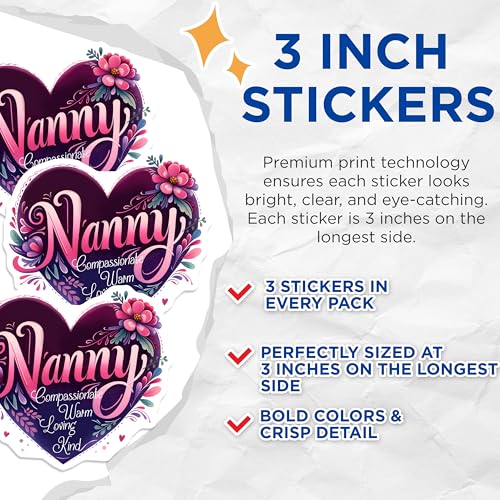 (3 Pack) Nanny Heart Decals - Compassionate Nanny - Floral Nanny Decal - 3 Inches On Longest Side - Easy Peel & Apply - Made in USA - 3MCS6951
