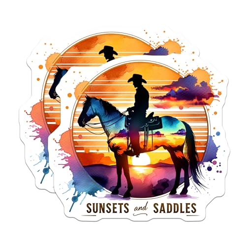 (2 Pack) Sunsets and Saddles Magnets - Cowboy Sunset Decor - Artistic Horse Rider Magnet Set - 5" On Longest Side - for Cars, Fridges, Toolboxes - Made in USA - MAG7125