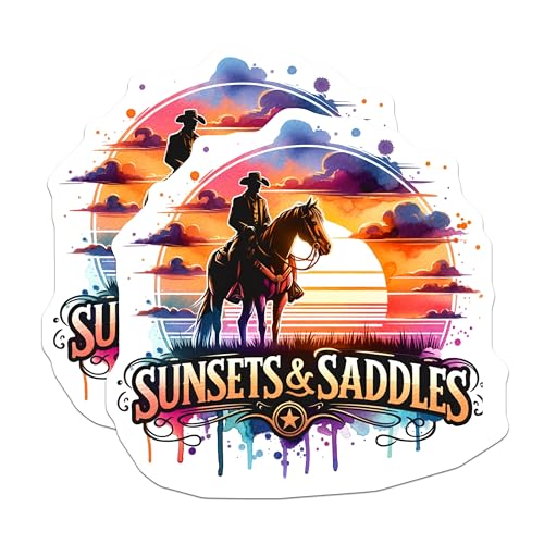 (2 Pack) Sunsets and Saddles Magnets - Sunset Cowboy - Western Themes - 5" On Longest Side - for Cars, Fridges, Toolboxes - Made in USA - MAG6881
