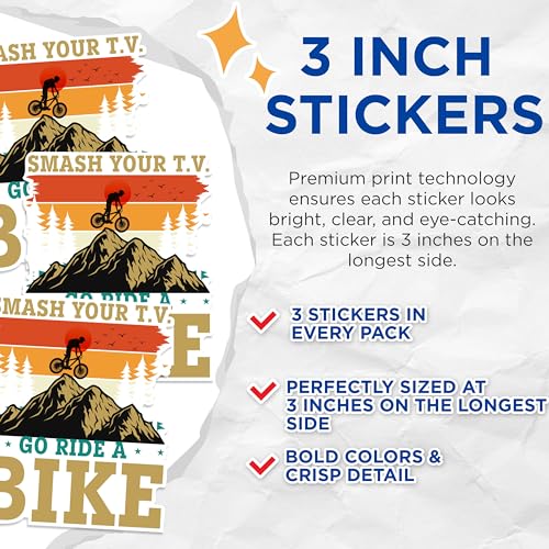 (3 Pack) Mountain Bike Decals - Smash TV Go Ride - Laptop Decals - 3 Inches On Longest Side - Easy Peel & Apply - Made in USA - 3MCS1237