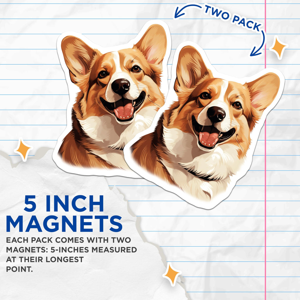 (2 Pack) Happy Corgi Magnets - Dog Lover Fridge Decor - Corgi Mom Accessories - Pet Owner Kitchen Art - 5 Inches On Longest Side - Thick Durable Magnet - Made in USA - MAG25968