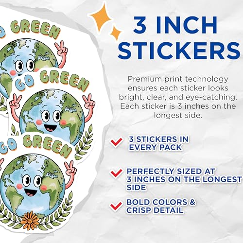 (3 Pack) Go Green Earth Decals - Cartoon Planet Stickers - Environmental Awareness - 3 Inches On Longest Side - Easy Peel & Apply - Made in USA - 3MCS6449