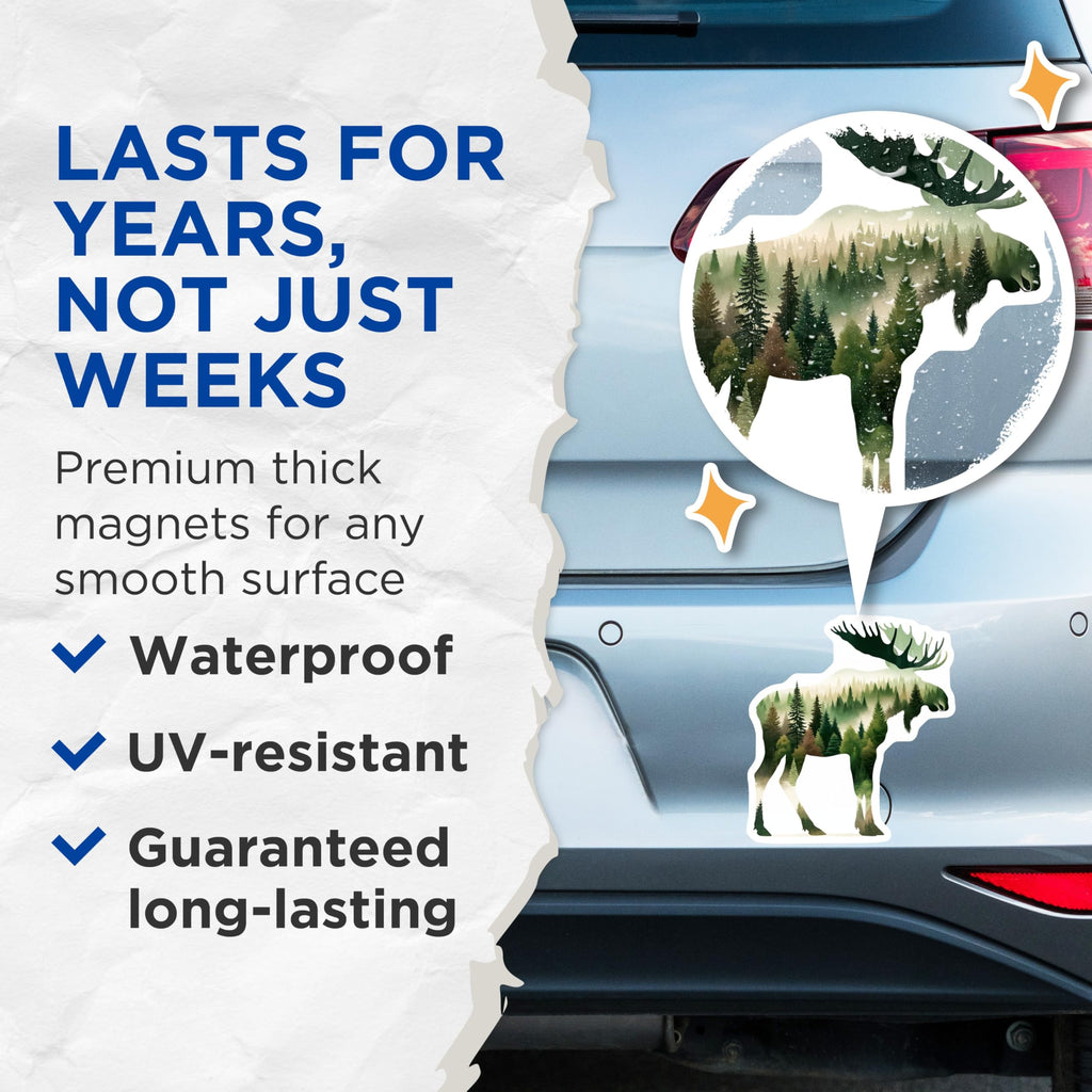 (2 Pack) Moose Silhouette Magnets - Forest Animals - Nature Inspired Decor - 5" On Longest Side - Premium Magnet - for Cars, Refrigerators, Toolboxes, Lockers - Made in USA - MAG16130