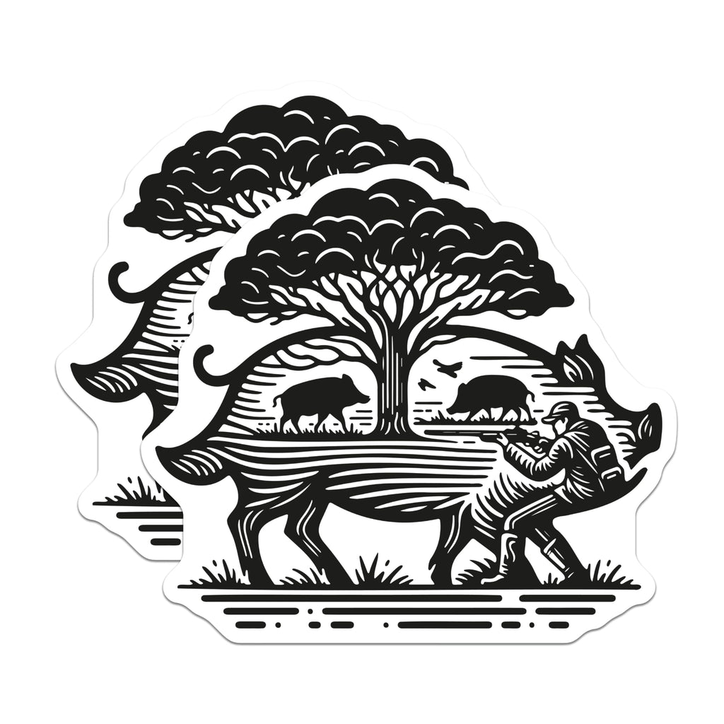 (2 Pack) Wild Boar Hunting Magnets - Hunter Silhouette Art - Forest Wildlife Scene - 5 Inches On Longest Side - Thick Durable Magnet - Made in USA - MAG22828