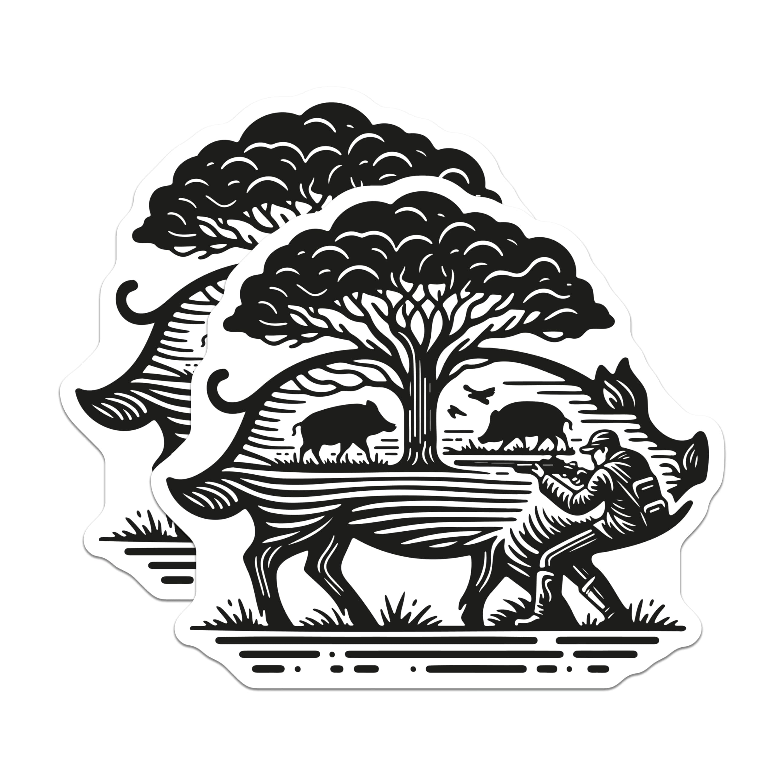 (2 Pack) Wild Boar Hunting Magnets - Hunter Silhouette Art - Forest Wildlife Scene - 5 Inches On Longest Side - Thick Durable Magnet - Made in USA - MAG22828
